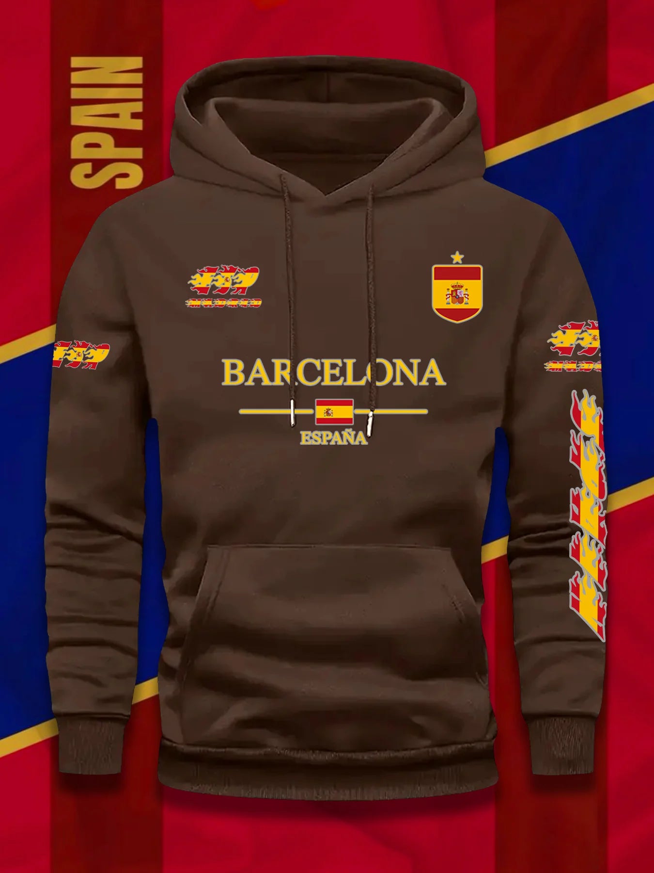 Barcelona Spanish Flag Print Football Fan Men Women Hooded Sweatshirt Autumn Winter Daily Vacation Fitness Loose Warm Sportswear