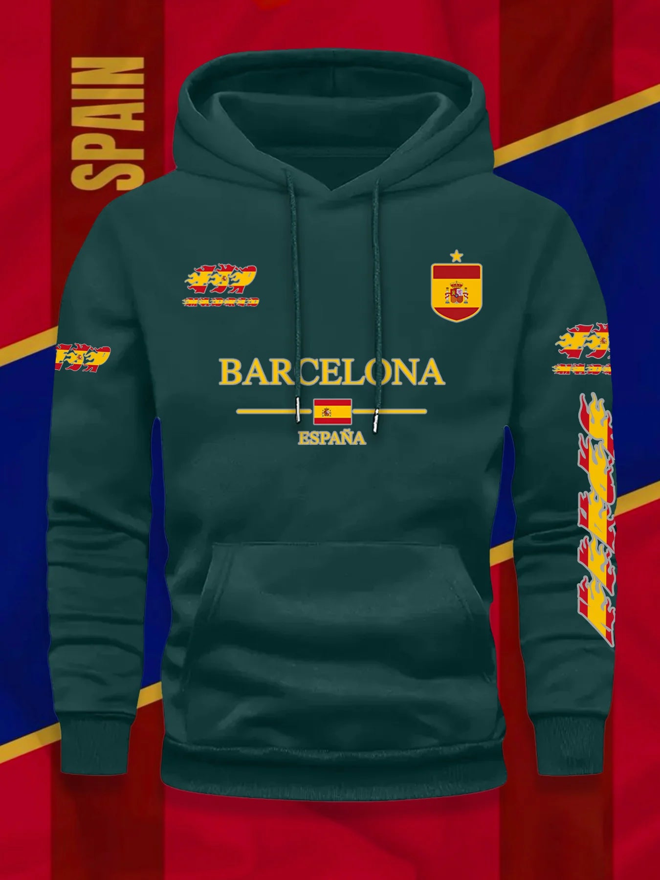 Barcelona Spanish Flag Print Football Fan Men Women Hooded Sweatshirt Autumn Winter Daily Vacation Fitness Loose Warm Sportswear
