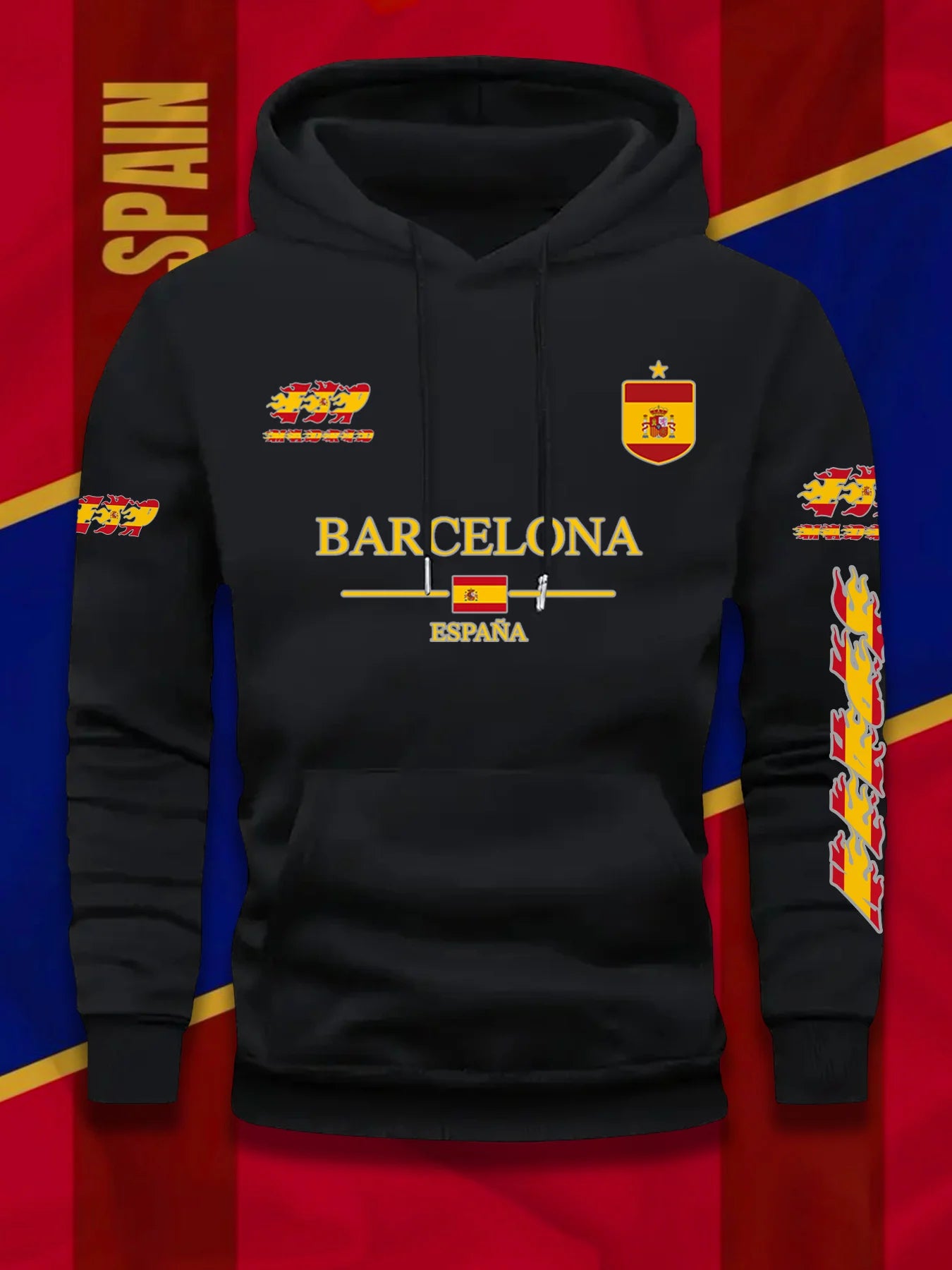 Barcelona Spanish Flag Print Football Fan Men Women Hooded Sweatshirt Autumn Winter Daily Vacation Fitness Loose Warm Sportswear