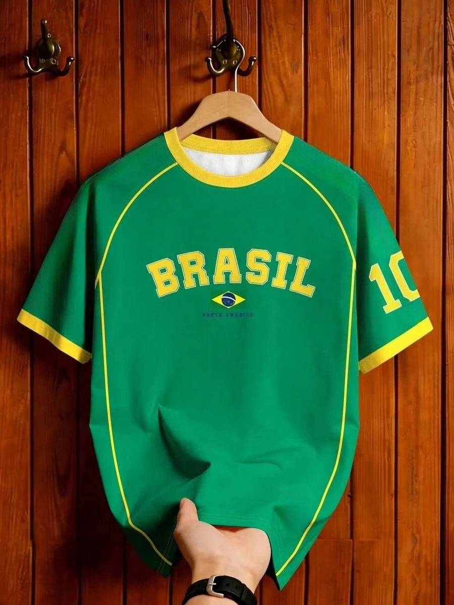 2026 Brazil Fan Football T-Shirt Soccer Jersey Retro Stripe Print Breathable Quick Dry Training Tee Fan Sport Top Men Women New