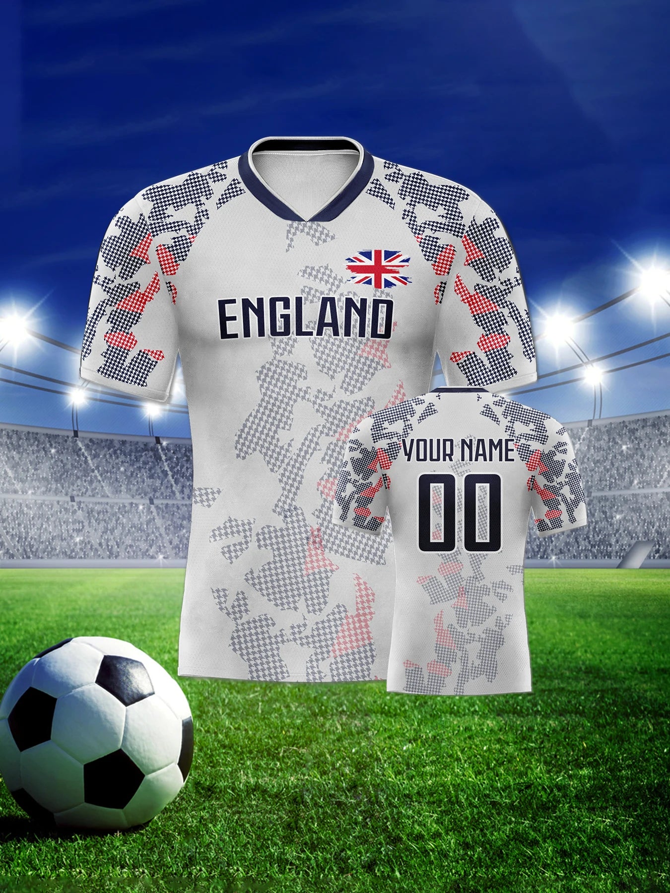 Custom England Soccer Jersey Personalized Name Number, National Team Football Shirt V-Neck Flag Design for Men Kids Women