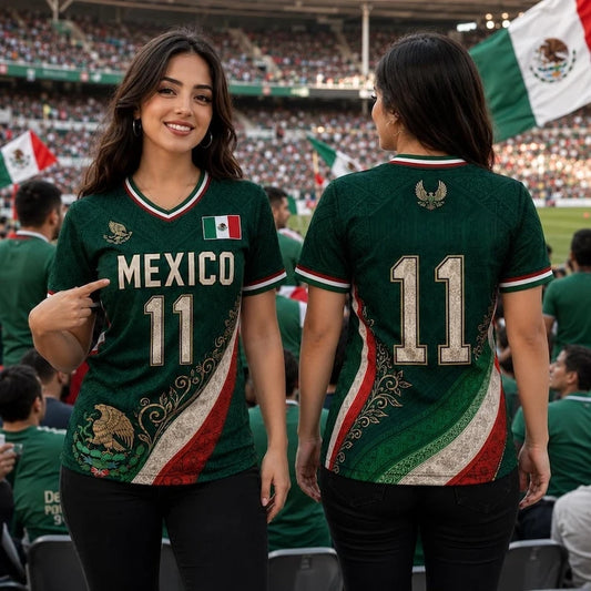 Women Mexico No.11 V-Neck Soccer Jersey, Oversized Quick Dry Breathable Tee for National Team Fan Streetwear Daily Casual Outfit