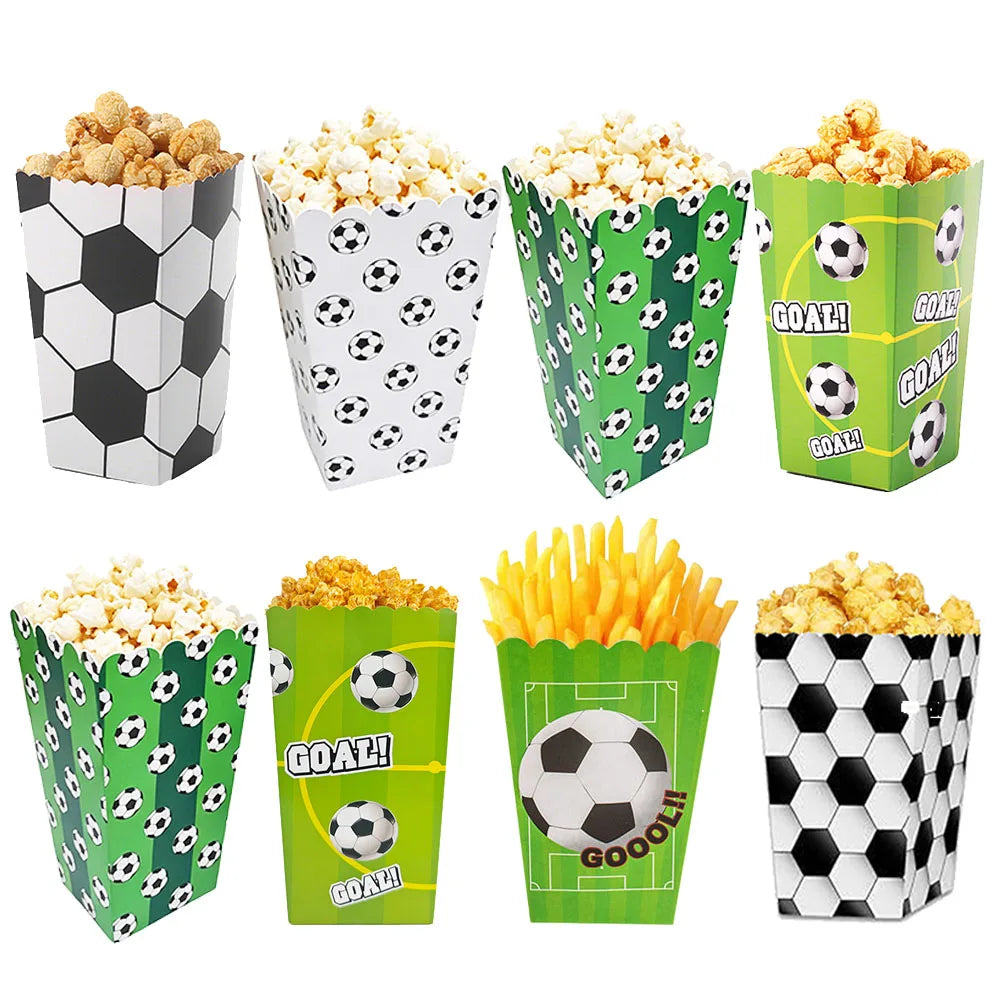 6/12/24Pcs Soccer Theme Popcorn Boxes Disposable Paper Snack Containers Football Match Night Football Birthday Party Snack Box