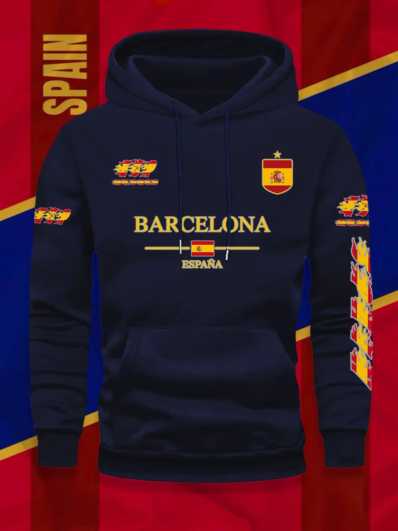 Barcelona Spanish Flag Print Football Fan Men Women Hooded Sweatshirt Autumn Winter Daily Vacation Fitness Loose Warm Sportswear