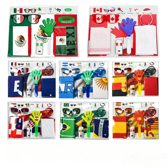 Soccer Game Themed Fan Props Set 2026 Eye Face Paint Blendable National Flag Fan Scarf Cheer Clappers Wristbands and Glasses