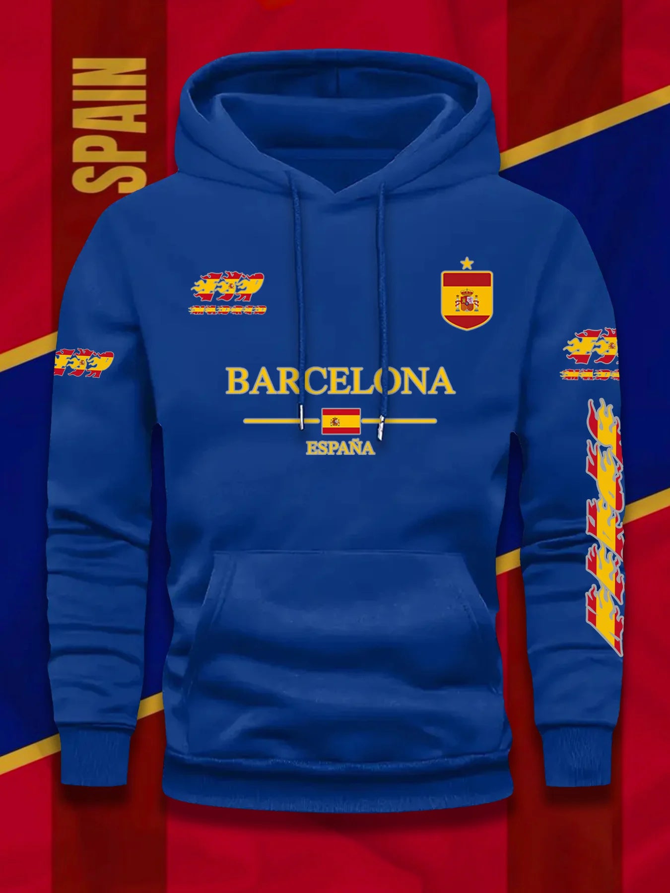 Barcelona Spanish Flag Print Football Fan Men Women Hooded Sweatshirt Autumn Winter Daily Vacation Fitness Loose Warm Sportswear