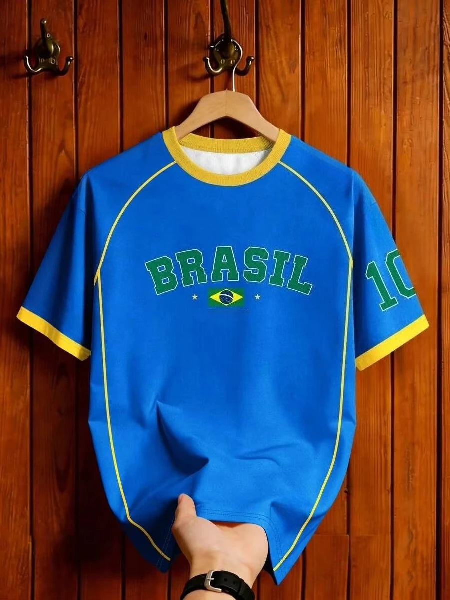 2026 Brazil Fan Football T-Shirt Soccer Jersey Retro Stripe Print Breathable Quick Dry Training Tee Fan Sport Top Men Women New