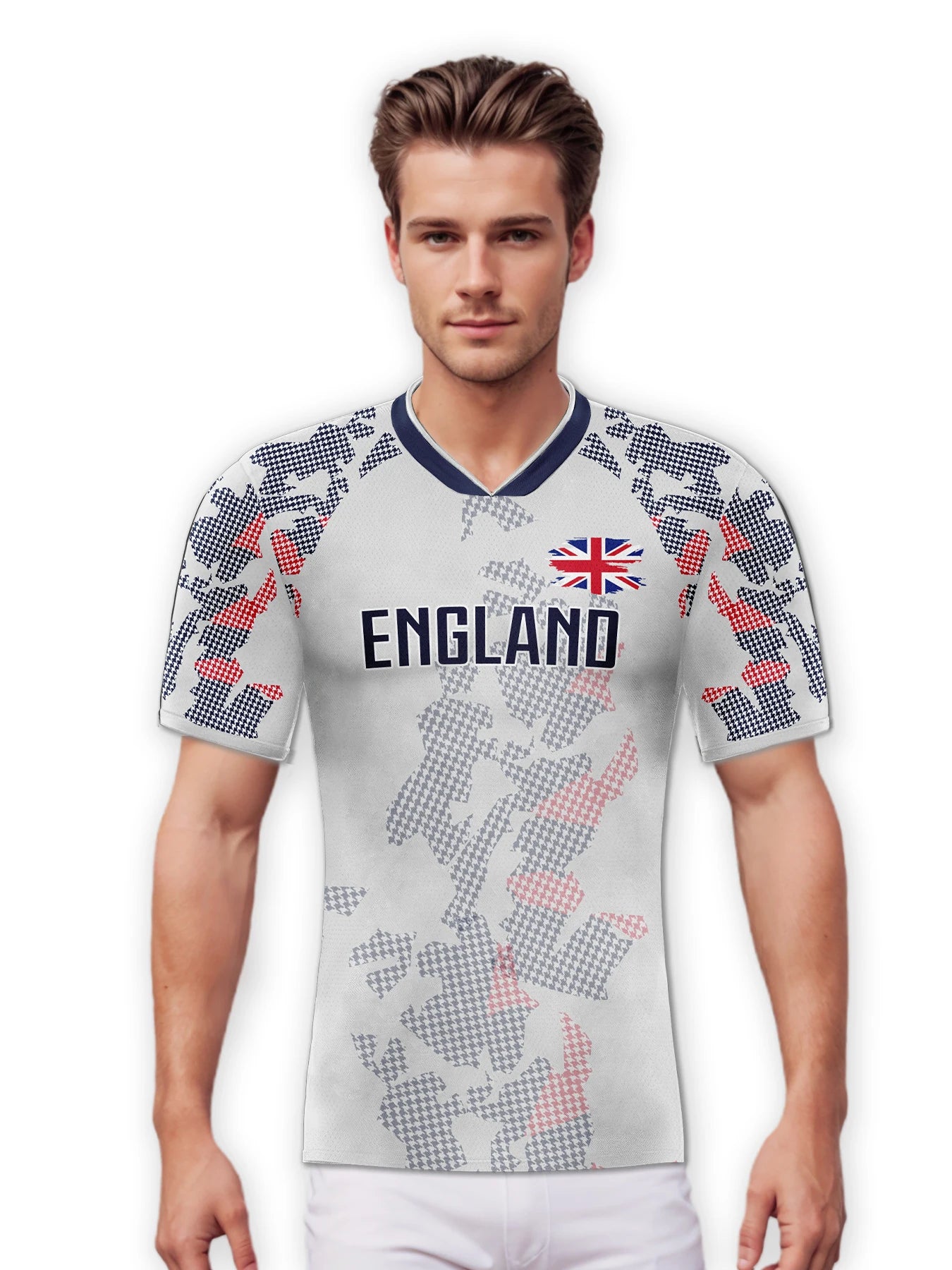 Custom England Soccer Jersey Personalized Name Number, National Team Football Shirt V-Neck Flag Design for Men Kids Women