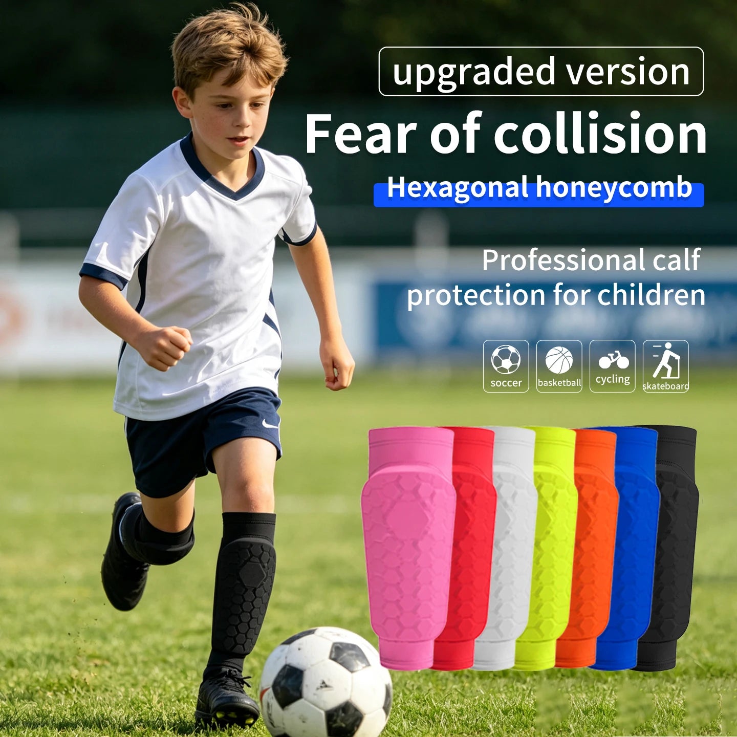 Kids Soccer Shin Guard Sleeves, Lightweight EVA Honeycomb Anti-collision Calf Protectors with Non-slip Silicone, for Football