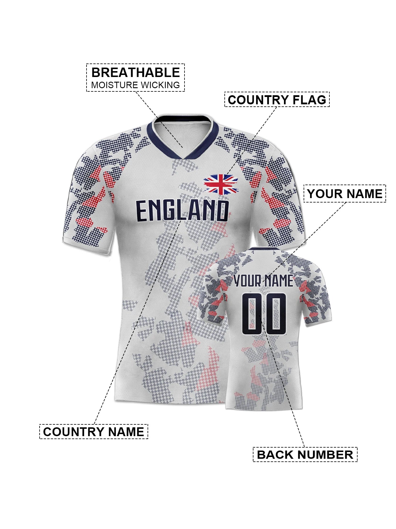 Custom England Soccer Jersey Personalized Name Number, National Team Football Shirt V-Neck Flag Design for Men Kids Women