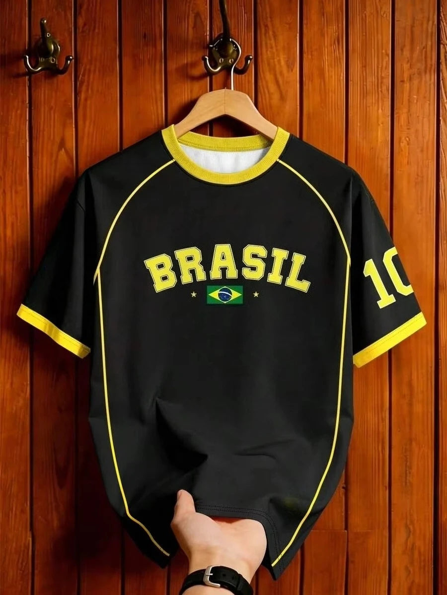 2026 Brazil Fan Football T-Shirt Soccer Jersey Retro Stripe Print Breathable Quick Dry Training Tee Fan Sport Top Men Women New