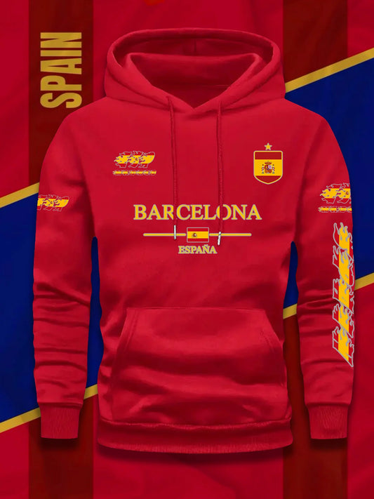 Barcelona Spanish Flag Print Football Fan Men Women Hooded Sweatshirt Autumn Winter Daily Vacation Fitness Loose Warm Sportswear