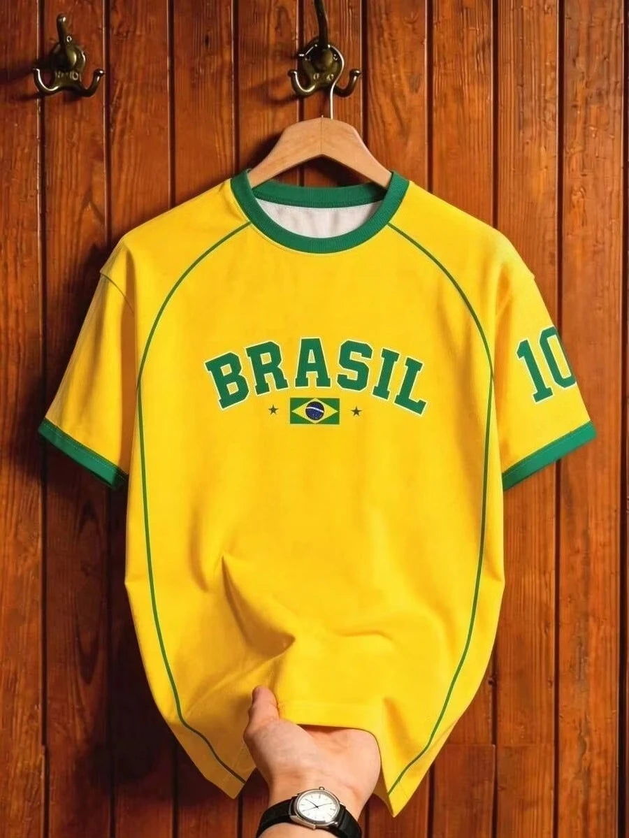 2026 Brazil Fan Football T-Shirt Soccer Jersey Retro Stripe Print Breathable Quick Dry Training Tee Fan Sport Top Men Women New